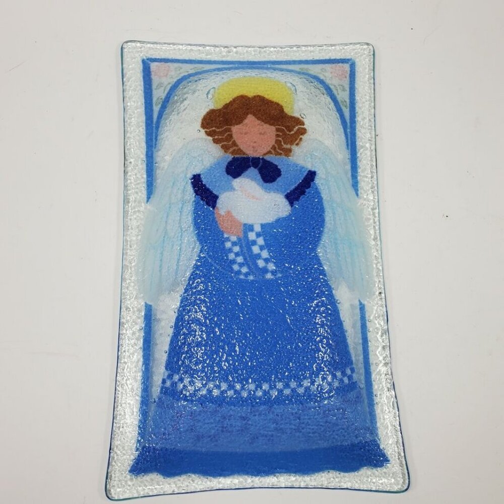 Peggy Karr Angel Bunny Fused Glass Tray Dish Platter Rectangle Signed